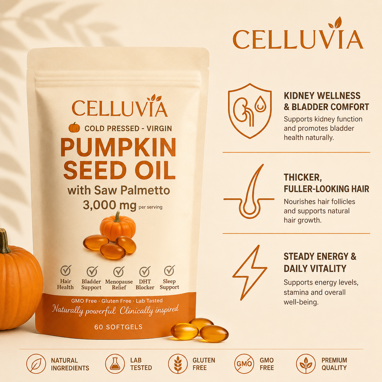 celluvia Pumpkin Seed Oil Softgels – Naturally Strengthens Kidney Health and Bladder Comfort from Within