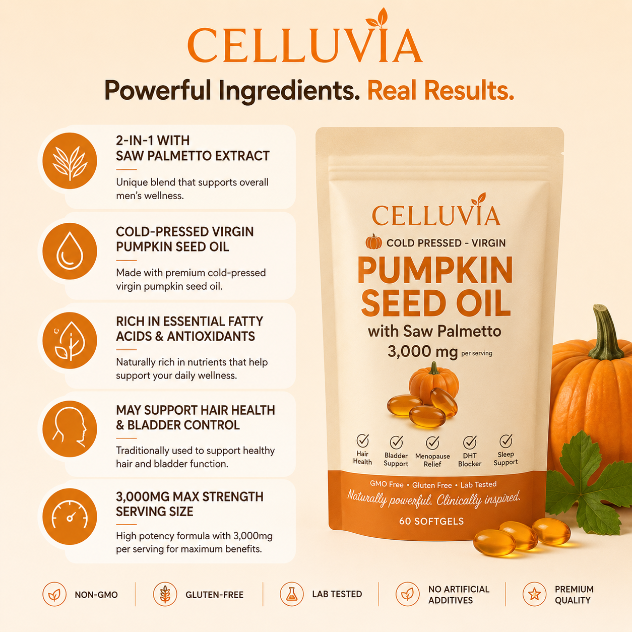 celluvia Pumpkin Seed Oil Softgels – Naturally Strengthens Kidney Health and Bladder Comfort from Within